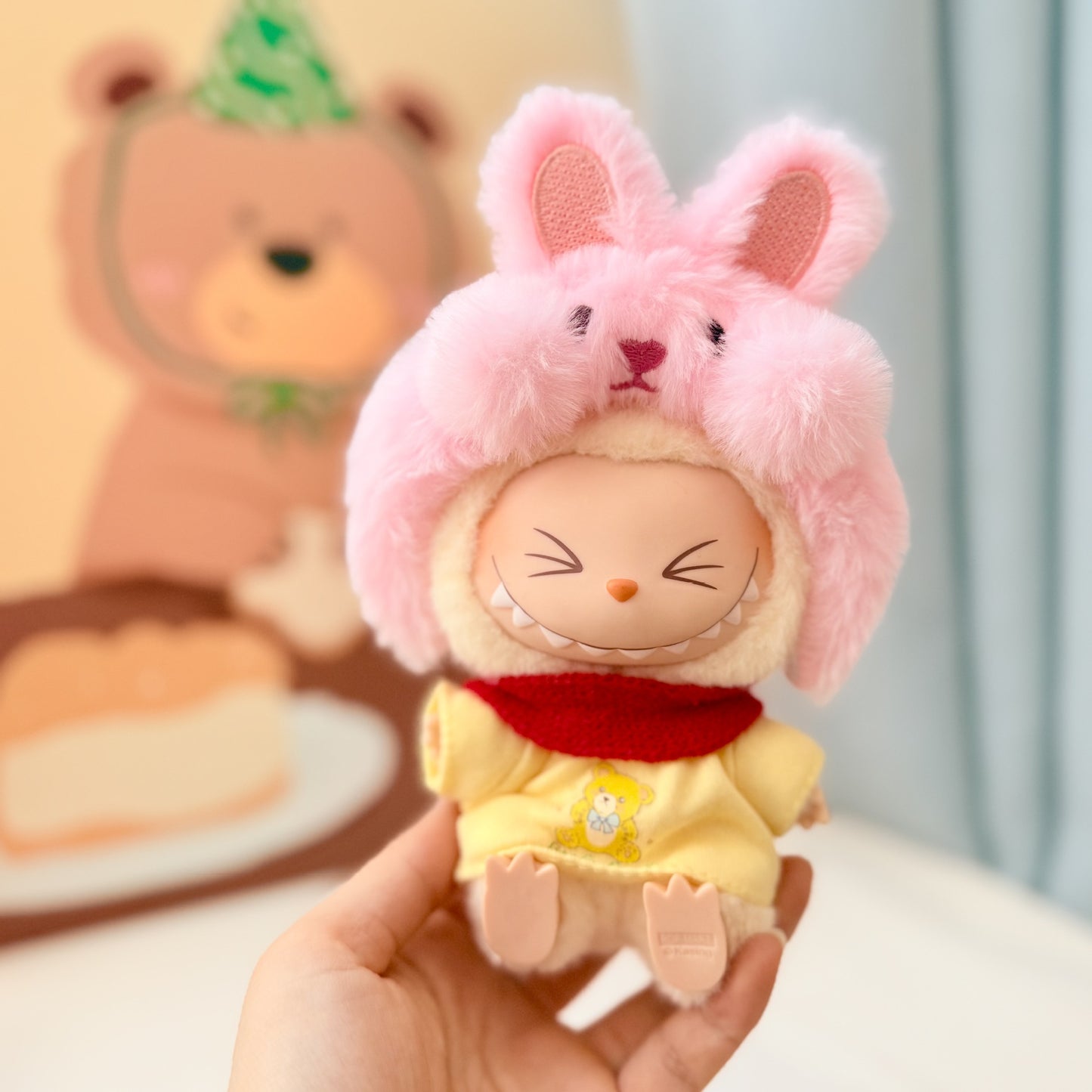 First and second generation keychain Labubu clothes pendant Labubu baby clothes cat hat + plaid overalls cute