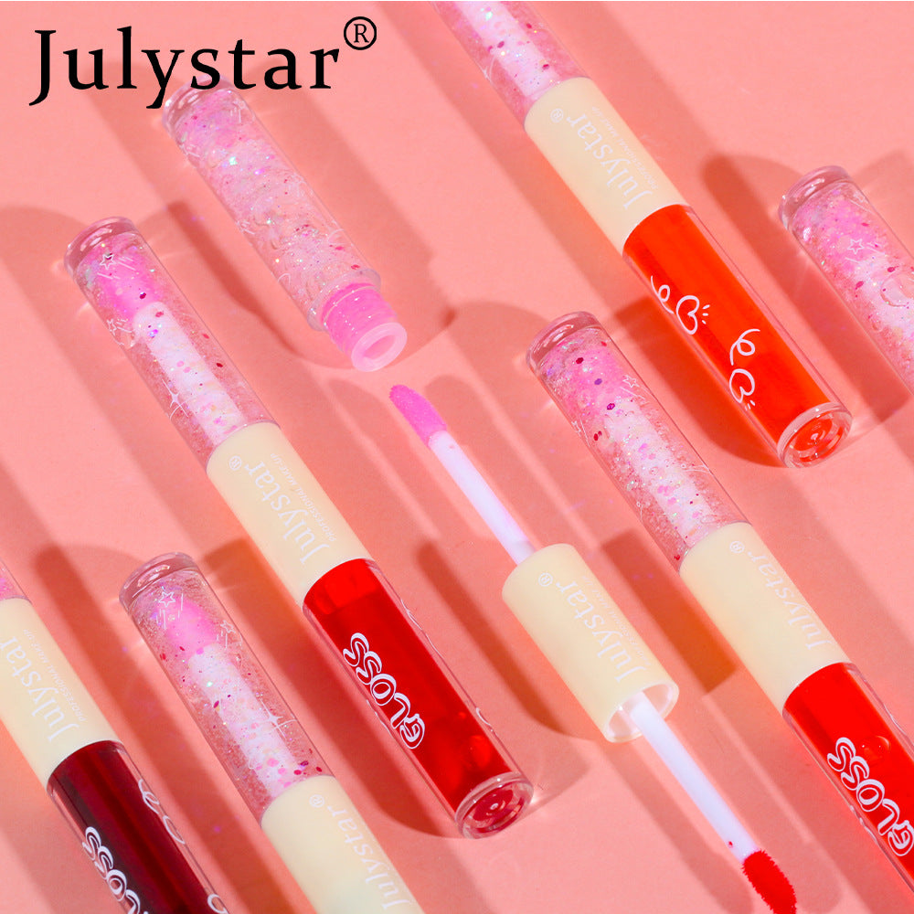 European and American makeup double-head pearlescent water gloss lip glaze natural and long-lasting non-stick cup Dudu lip gloss