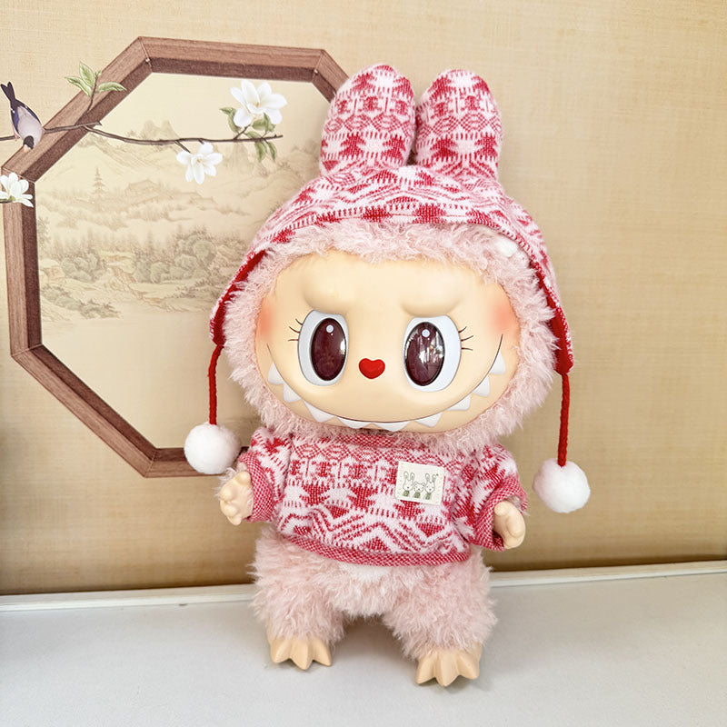 38Cm Labubu plush doll clothes for Labubu doll MOKOKO sweetheart rabbit ear jacquard shirt set
