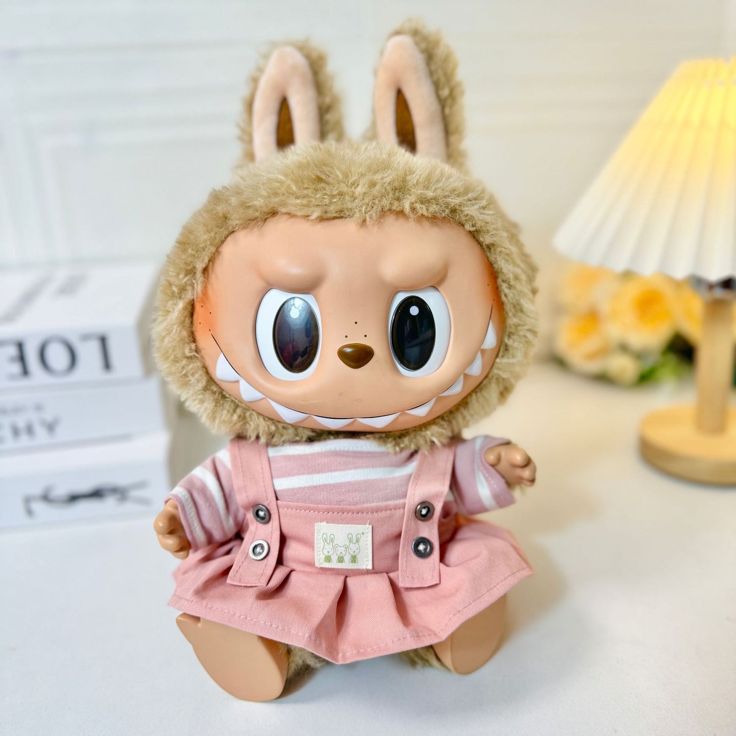38Cm Labubu Vinyl Plush Doll Clothing Labubu Doll with Striped Pink Green Strap Couple Suit