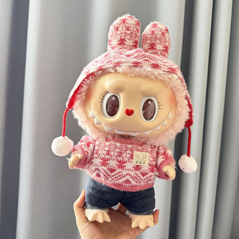 38Cm Labubu plush doll clothes for Labubu doll MOKOKO sweetheart rabbit ear jacquard shirt set