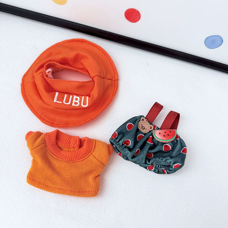 The first, second and third generation keychain Labubu clothes pendant Labubu baby clothes watermelon bear overalls set is cute.
