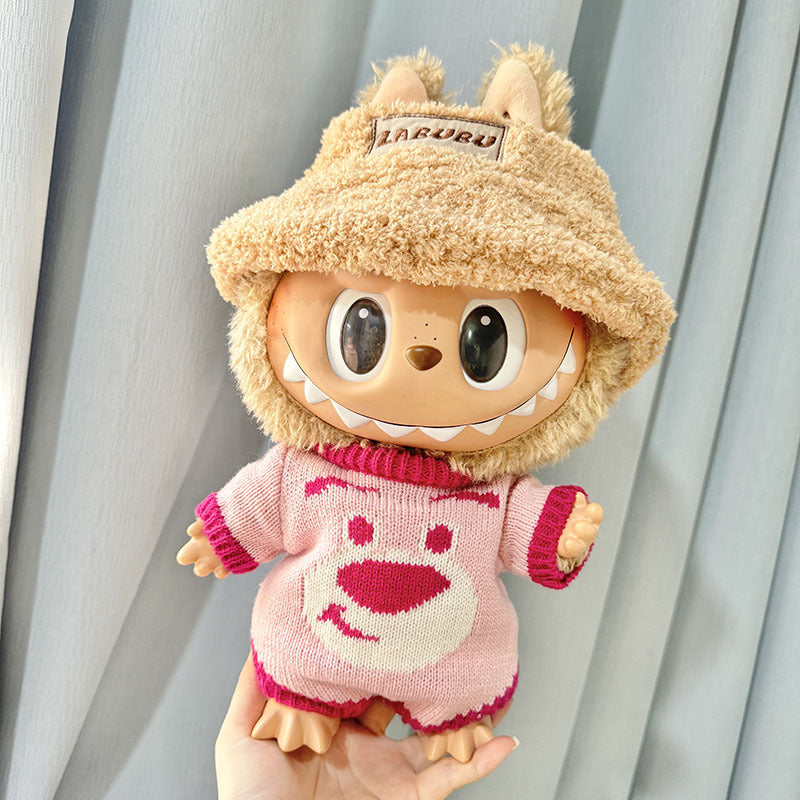 38Cm Labubu plush doll clothes wearing vinyl Labubu doll clothes climbing clothes smiley face strawberry bear cute