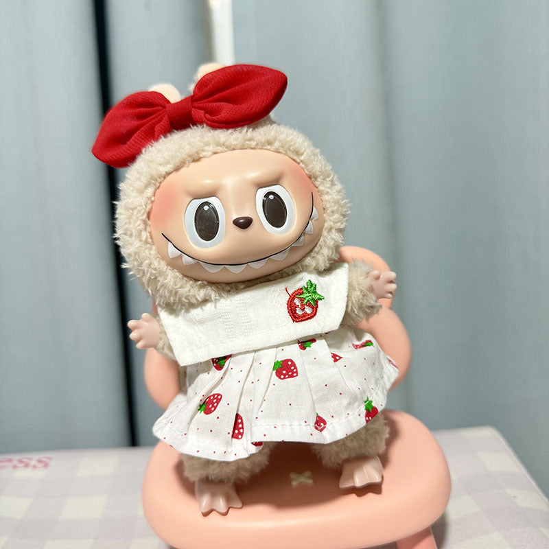 17Cm rabub wearing pendant labubu keychain baby clothes 10cm cotton doll clothes small strawberry skirt set