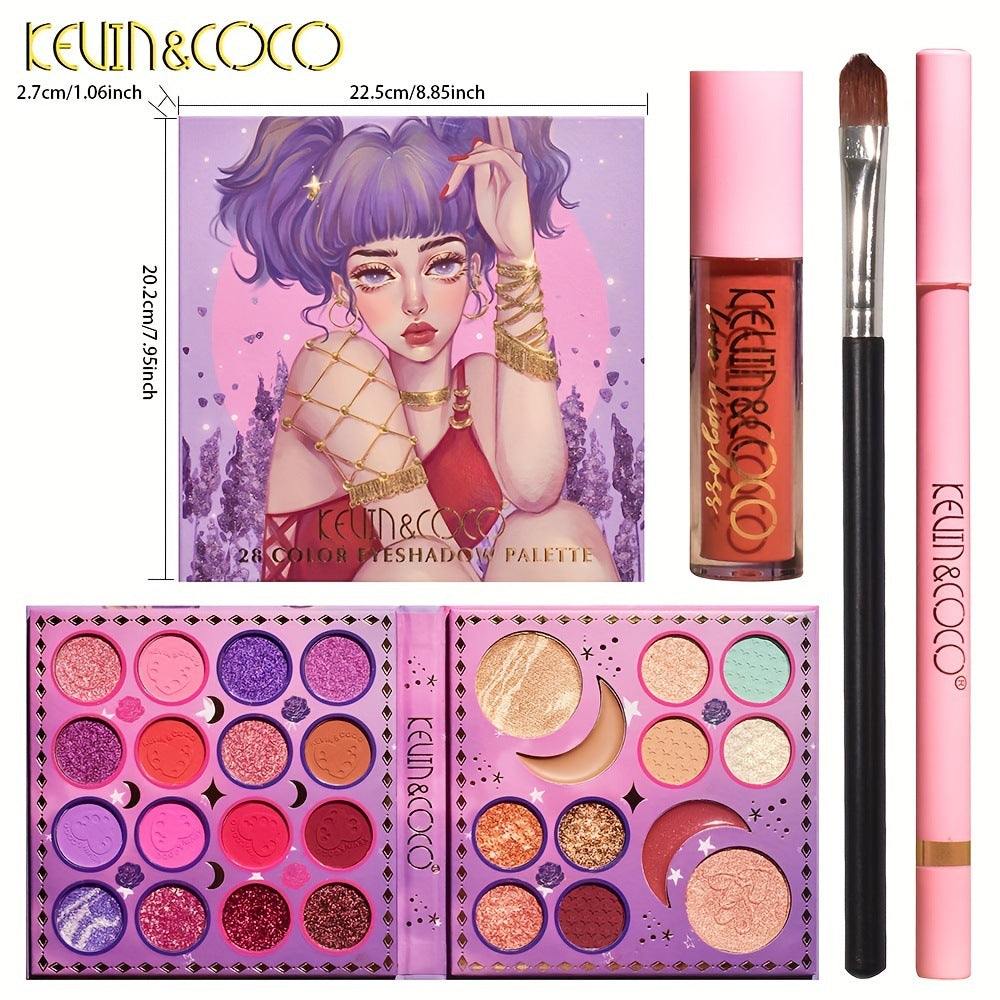 KEVIN & COCO 28 Color Eyeshadow Bead Matte Eyeshadow Lip Glaze Eyebrow Pencil Set