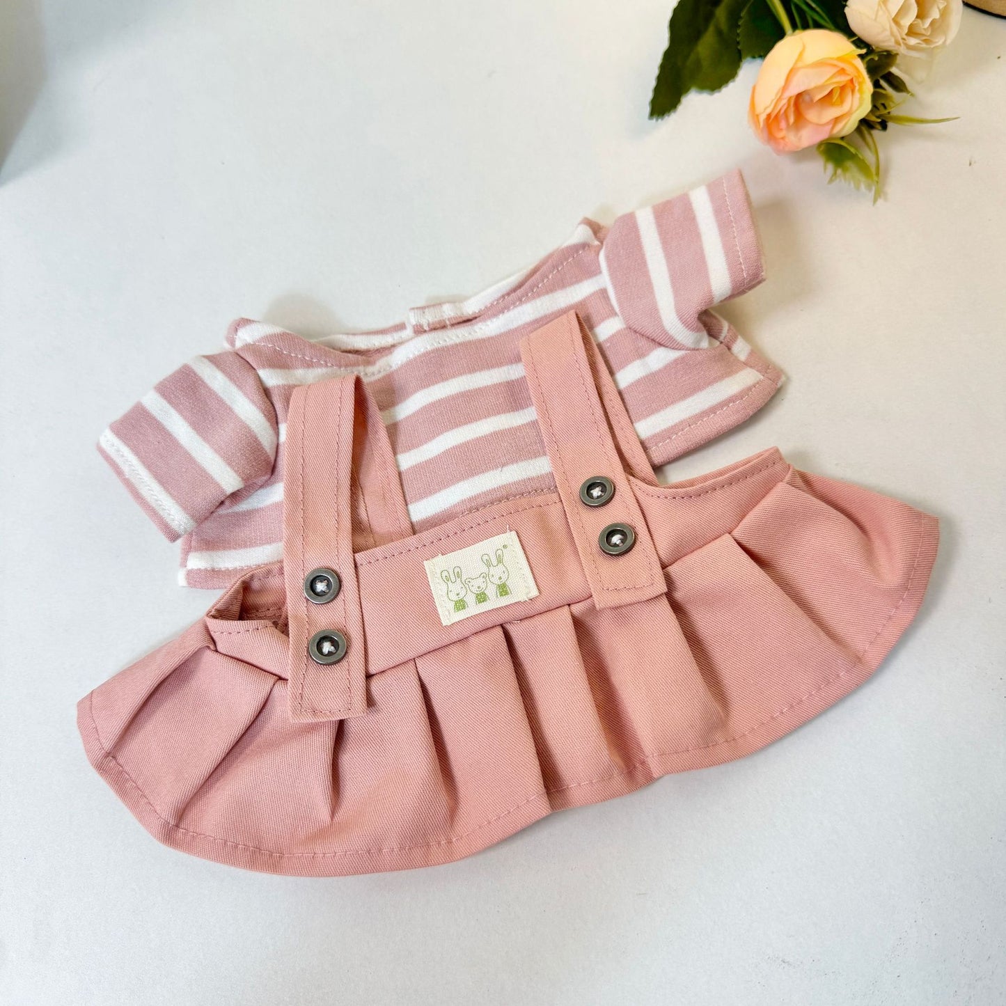 38Cm Labubu Vinyl Plush Doll Clothing Labubu Doll with Striped Pink Green Strap Couple Suit