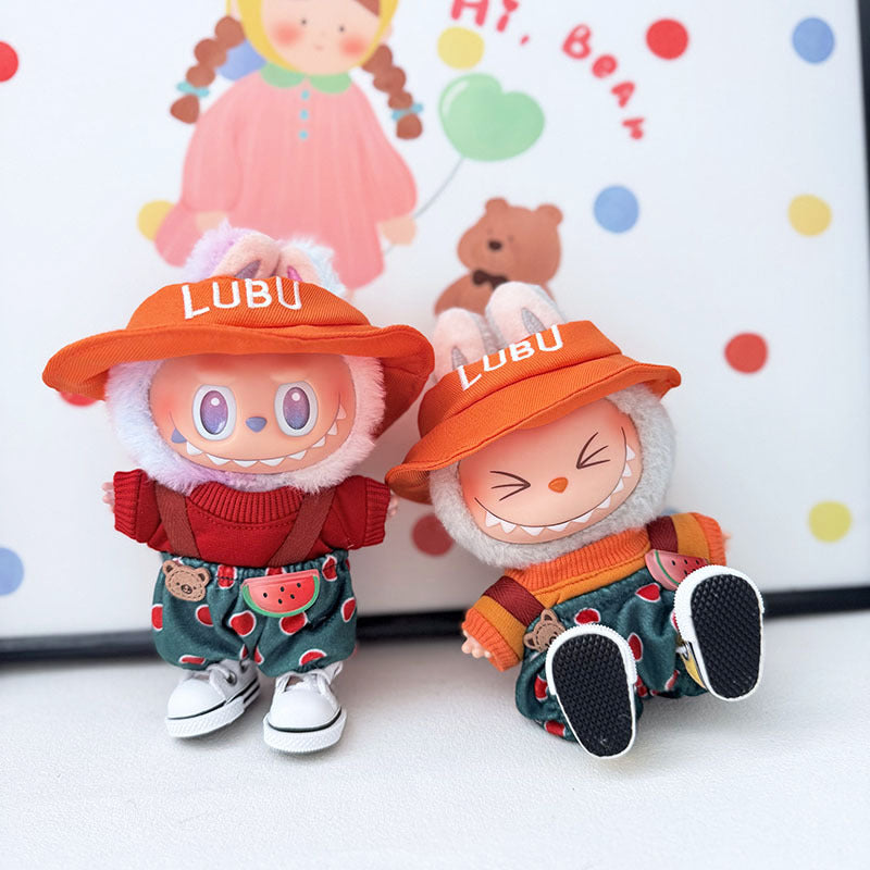 The first, second and third generation keychain Labubu clothes pendant Labubu baby clothes watermelon bear overalls set is cute.