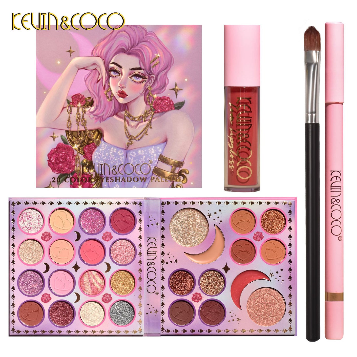 KEVIN & COCO 28 Color Eyeshadow Bead Matte Eyeshadow Lip Glaze Eyebrow Pencil Set