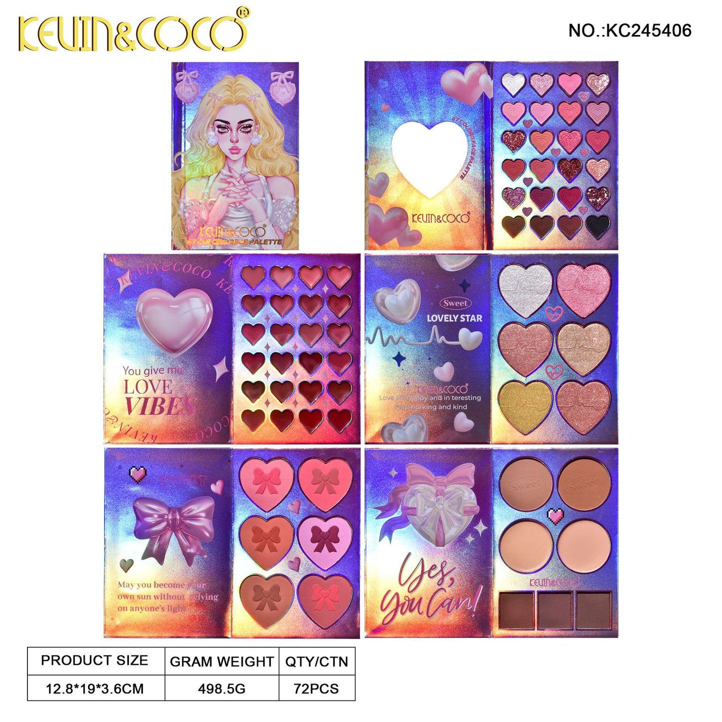 KEVIN & COCO Valentine's Day series 68-color five-layer flip book eyeshadow, bead matte high color rendering