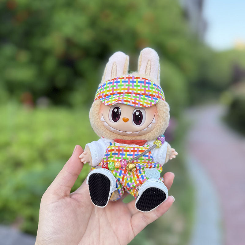 The first, second and third generation keychain Labubu clothes pendant Labubu baby clothes bubble gum color overalls set cute