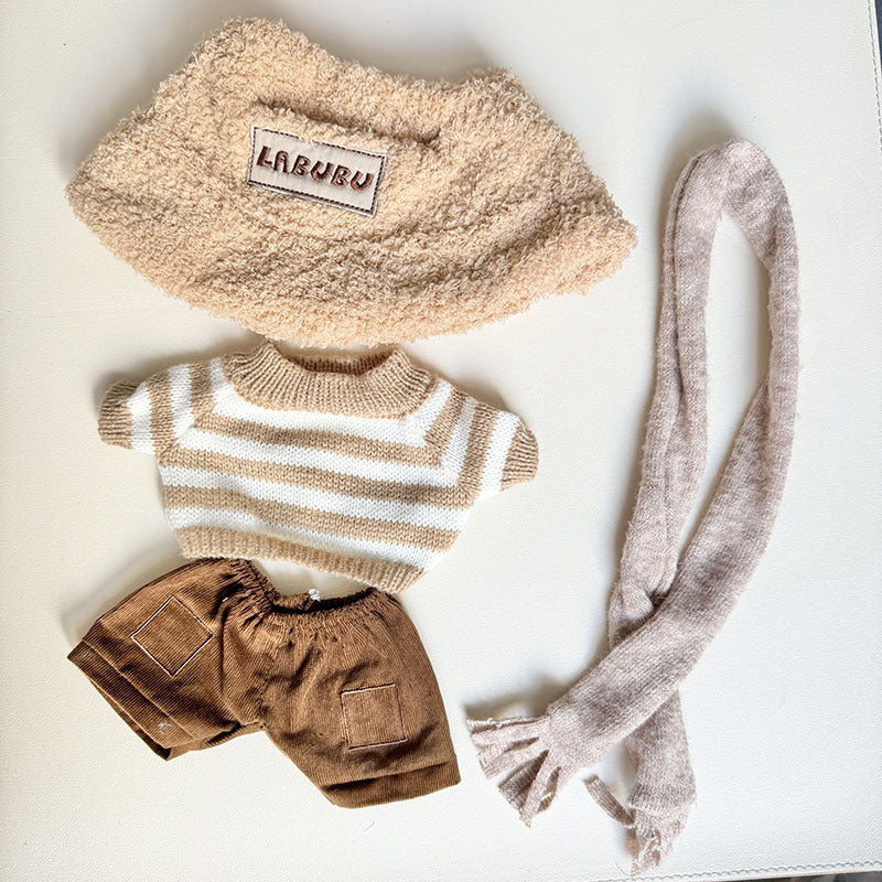 38Cm Labubu plush doll clothes for vinyl Labubu doll clothes coffee white striped sweater set