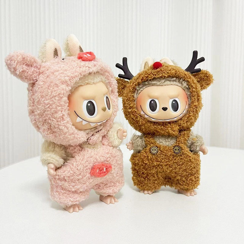 17Cm blind box rabub with cloud velvet little elk overalls set labubu pendant piggy christmas outfit