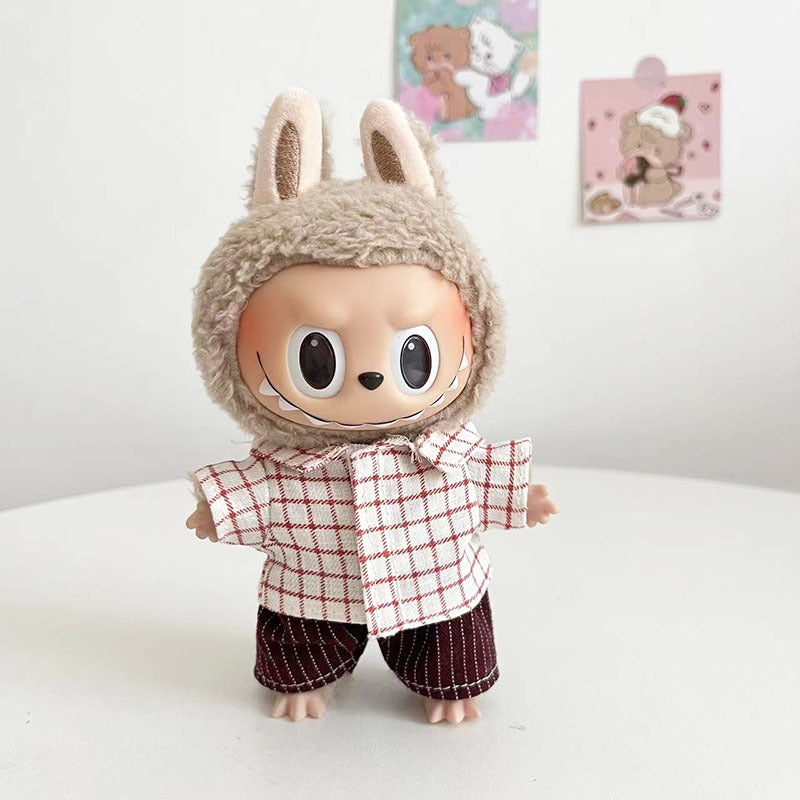 15Cm blind box rabub casual plaid overalls suit macaron labubu pendant doll plaid suit