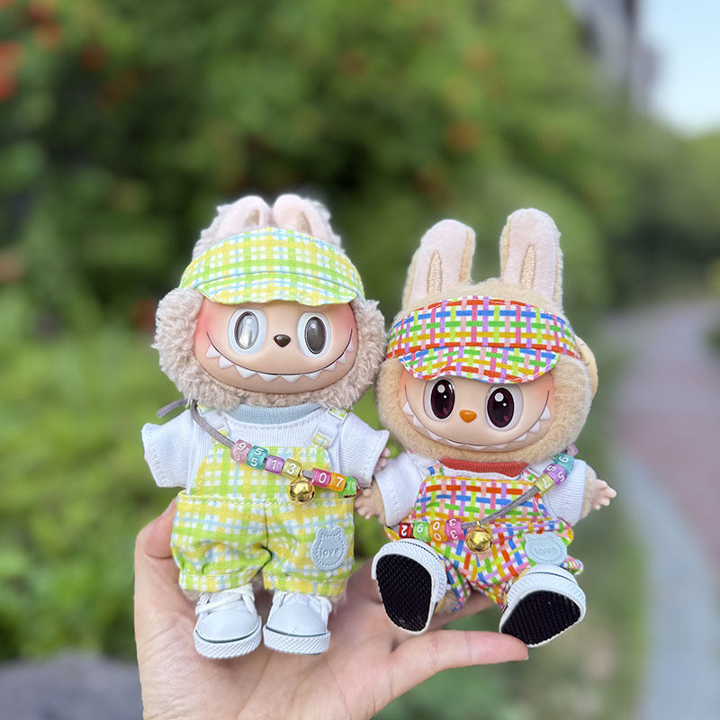 The first, second and third generation keychain Labubu clothes pendant Labubu baby clothes bubble gum color overalls set cute