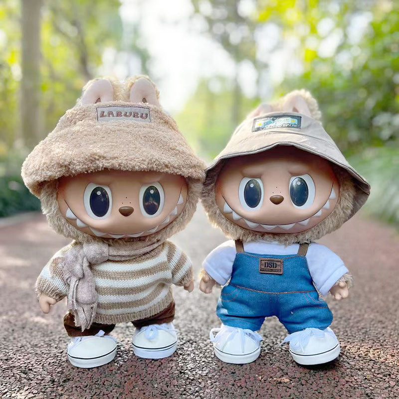 38Cm Labubu plush doll clothes for vinyl Labubu doll clothes coffee white striped sweater set