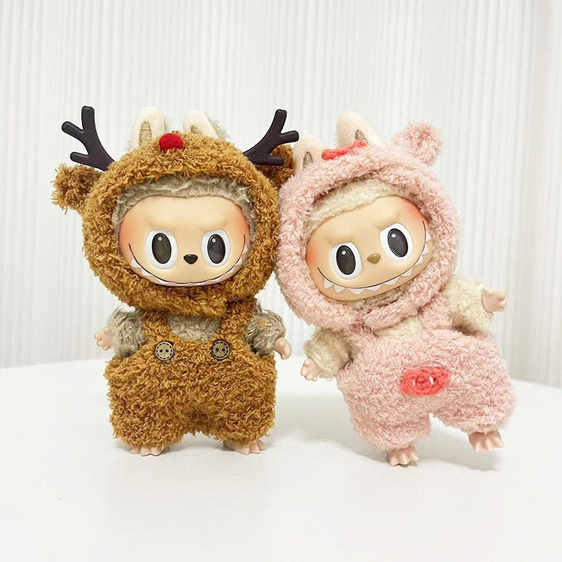17Cm blind box rabub with cloud velvet little elk overalls set labubu pendant piggy christmas outfit