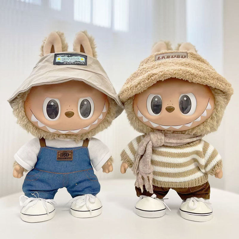 38Cm Labubu plush doll clothes for vinyl Labubu doll clothes coffee white striped sweater set