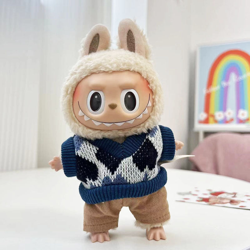 17Cm blind box rabub for small blue-gray rhombus grid sweater set labubu pendant clothes are cute and cute