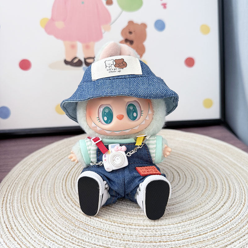 The first, second and third generation keychain Labubu clothes pendant Labubu baby clothes colored denim strap set is cute.