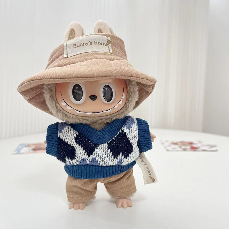 17Cm blind box rabub for small blue-gray rhombus grid sweater set labubu pendant clothes are cute and cute