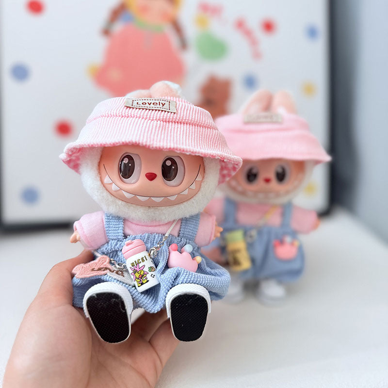 First and second generation keychain Labubu clothes pendant Labubu baby clothes pink and blue bear music overalls set cute