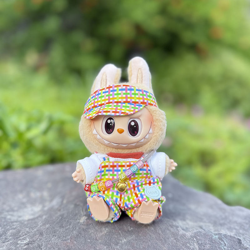 The first, second and third generation keychain Labubu clothes pendant Labubu baby clothes bubble gum color overalls set cute