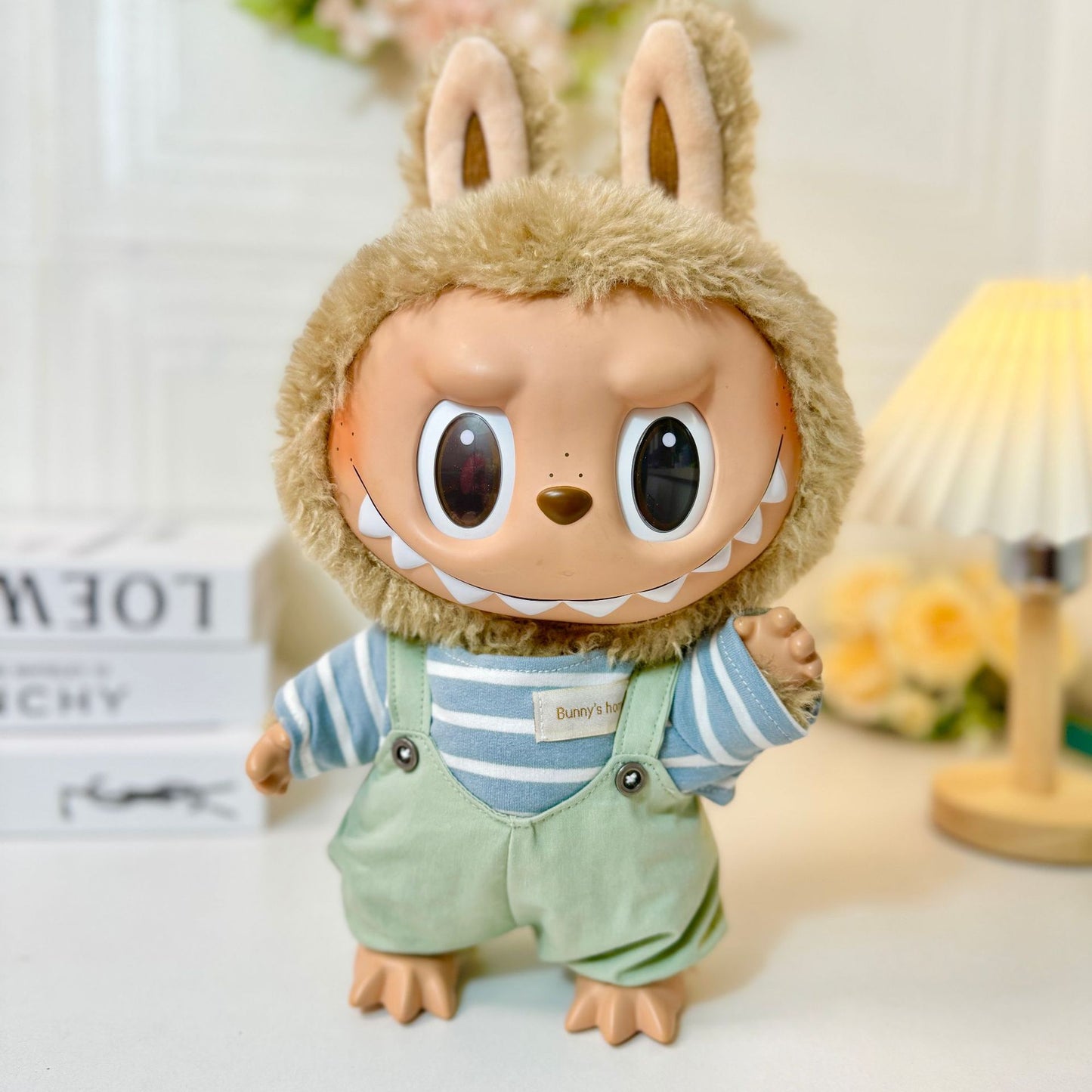 38Cm Labubu Vinyl Plush Doll Clothing Labubu Doll with Striped Pink Green Strap Couple Suit