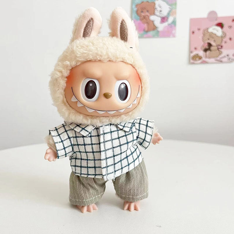 15Cm blind box rabub casual plaid overalls suit macaron labubu pendant doll plaid suit