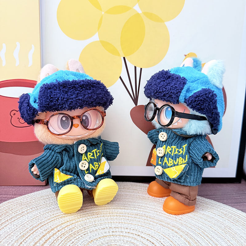 17Cm Labubuwa clothes LABUBU blind box sitting party first two three generations literary blue wind suit cute