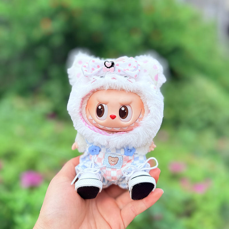 First and second generation keychain Labubu clothes pendant Labubu baby clothes cat hat + plaid overalls cute