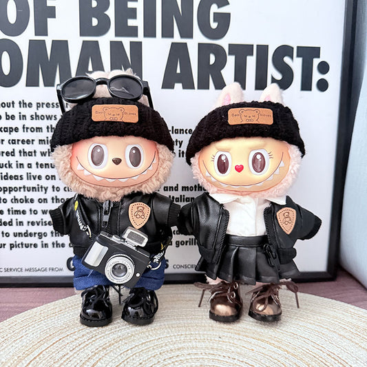 [Clothes only] 17cm Labubuwa clothes LABUBU blind box sitting party one two three generation bear brand black leather jacket