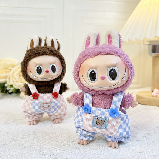 [Clothes only] 17cm blind box Labubu baby clothes keychain Labubu doll clothes pink and white plaid overalls cute