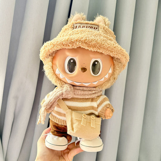 38Cm Labubu plush doll clothes for vinyl Labubu doll clothes coffee white striped sweater set
