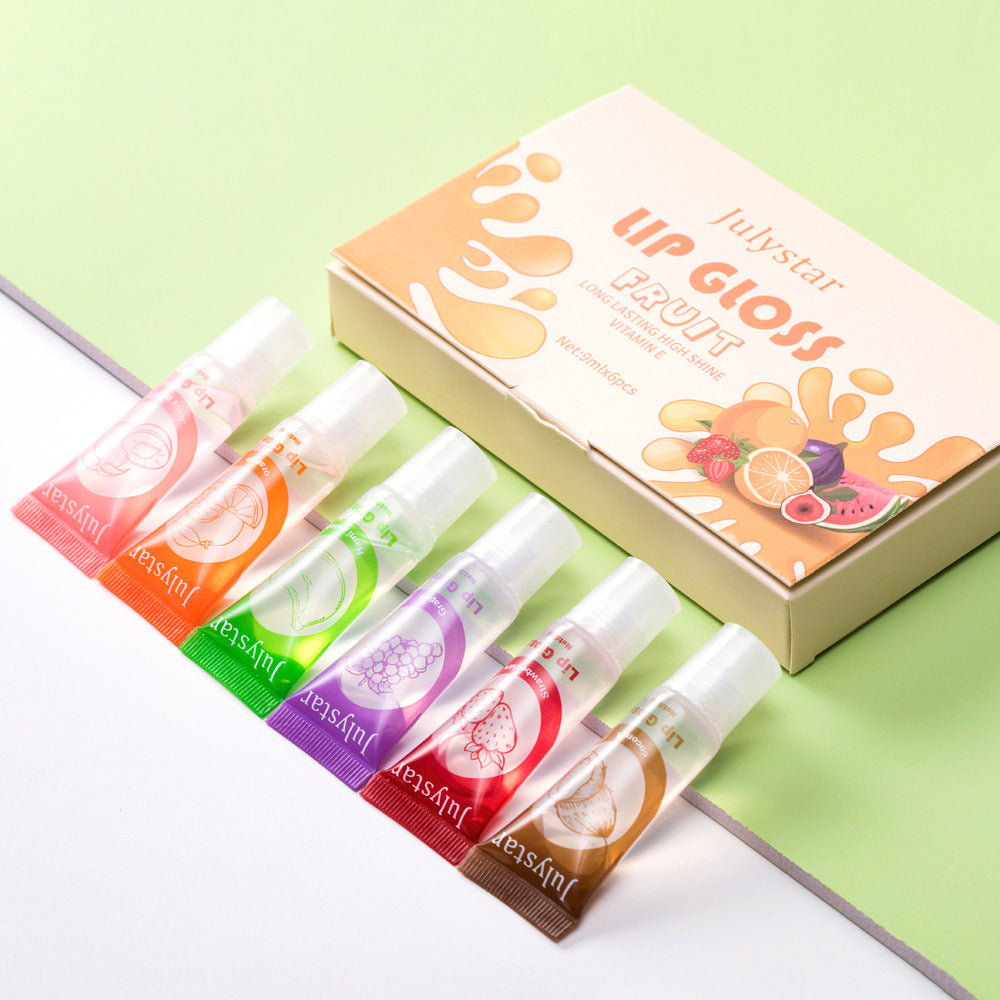 Julystar Vitamin E Moisturizing Fruit Flavor Transparent Lip Oil 6pcs Moisturizing and Hydrating Lip Gloss Set Wholesale