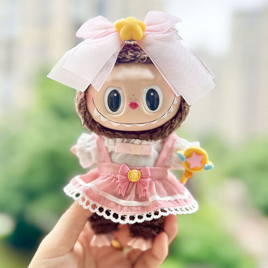 [Clothes only] 17cm rabub with pendant labubu doll keychain baby clothes light pink cherry set cute