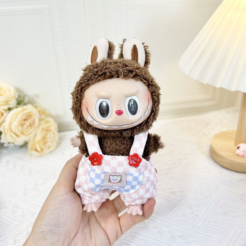 [Clothes only] 17cm blind box Labubu baby clothes keychain Labubu doll clothes pink and white plaid overalls cute