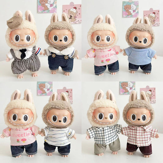15Cm blind box rabub casual plaid overalls suit macaron labubu pendant doll plaid suit