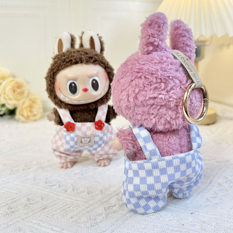 [Clothes only] 17cm blind box Labubu baby clothes keychain Labubu doll clothes pink and white plaid overalls cute