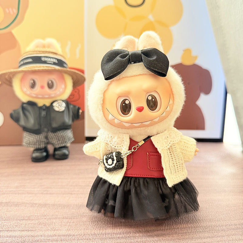 [Clothes only] 17cm pendant rabub clothes sweet and spicy black yarn skirt straw hat set labubu doll clothes cute