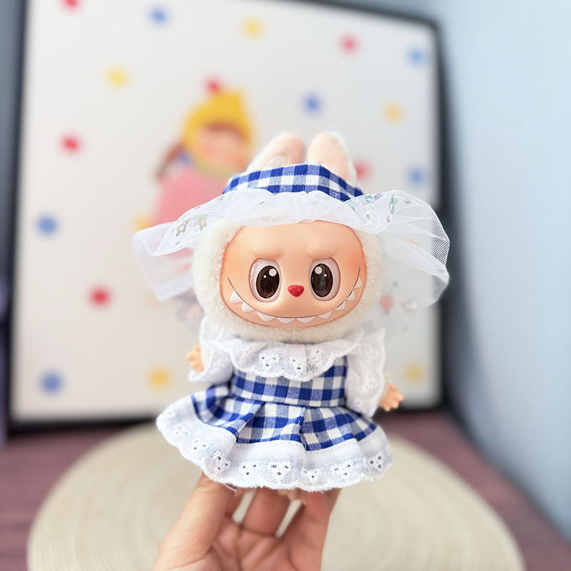 Clothes only] First and second generation Labubu clothes pendant Labubu cloth sitting baby clothes blue grid small pastoral skirt suit women