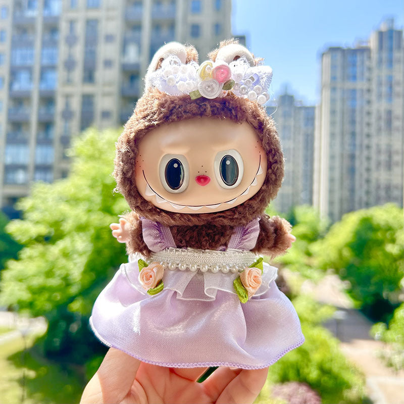 [Clothes only] 17cm pendant Labubu dress with double flower pearl strap skirt set labubu baby clothes.