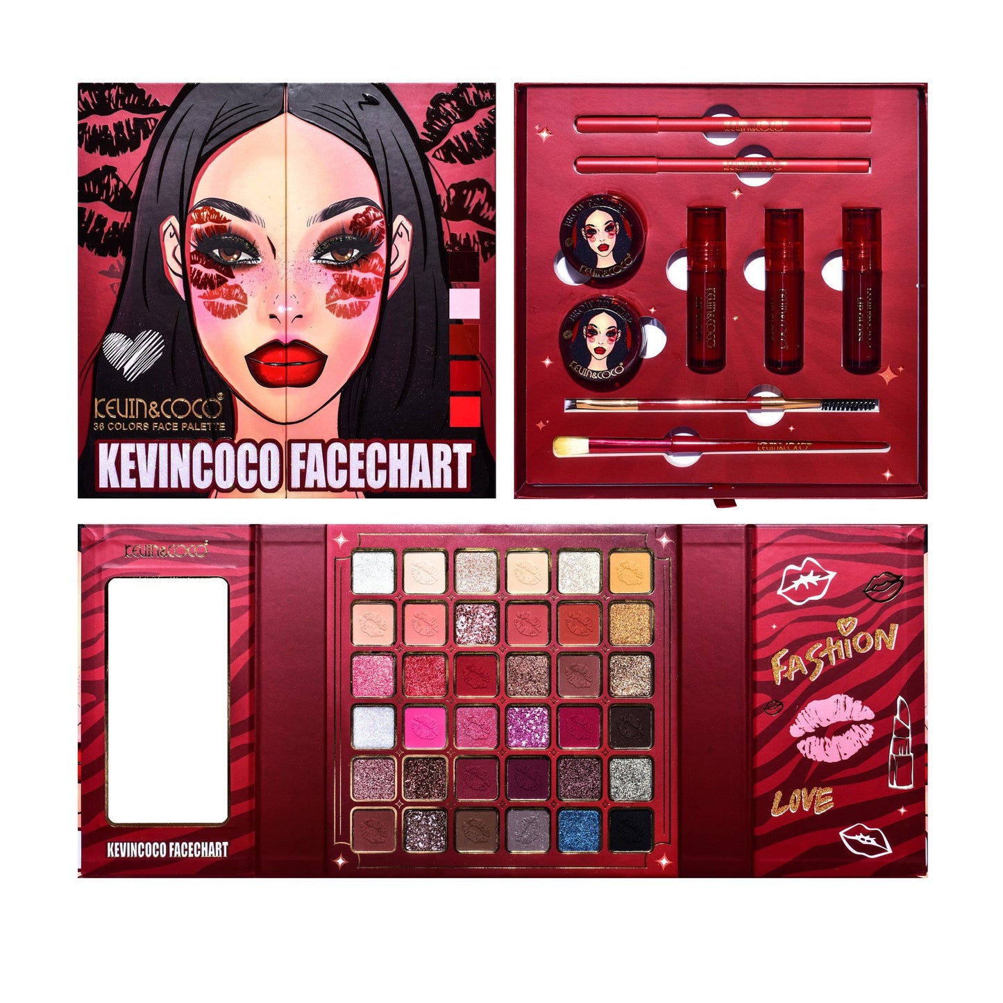 KEVIN & COCO36 Color Red Lip Pop Beauty Set Eyeshadow Lip Glaze, Highlight Blush Balm Set