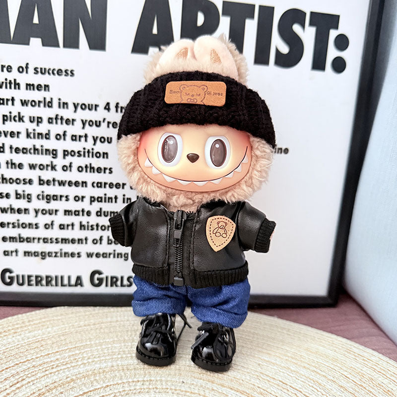 [Clothes only] 17cm Labubuwa clothes LABUBU blind box sitting party one two three generation bear brand black leather jacket