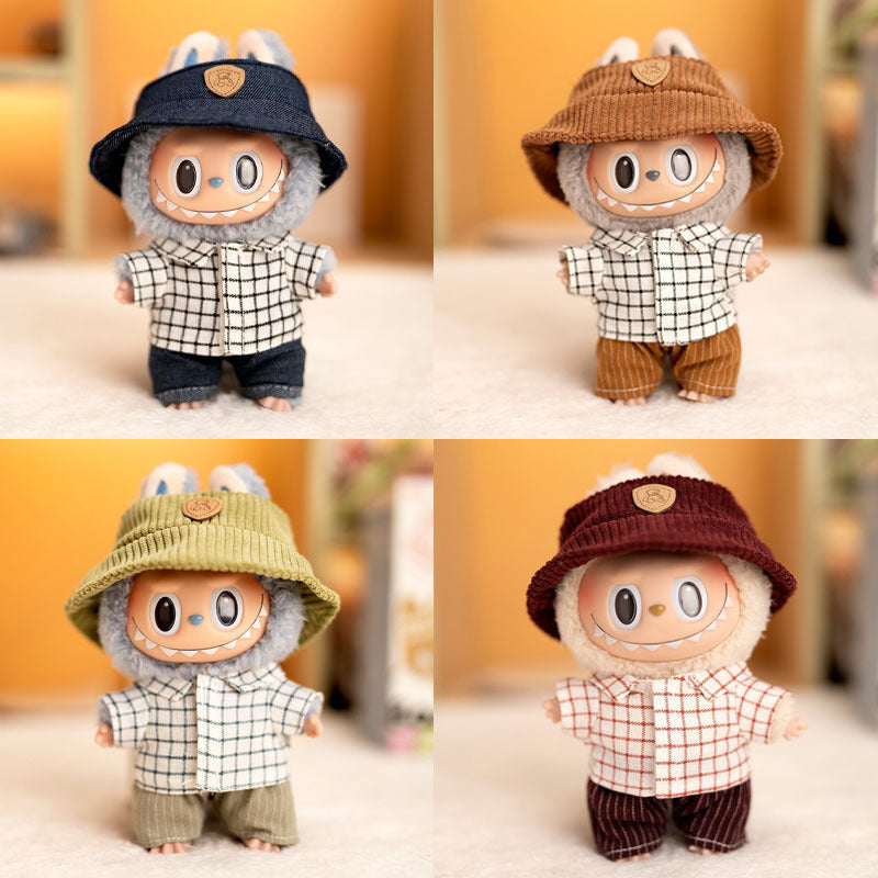 仅衣服] 一二代钥匙扣Labubu衣服挂件拉布布配饰格子休闲三件套萌