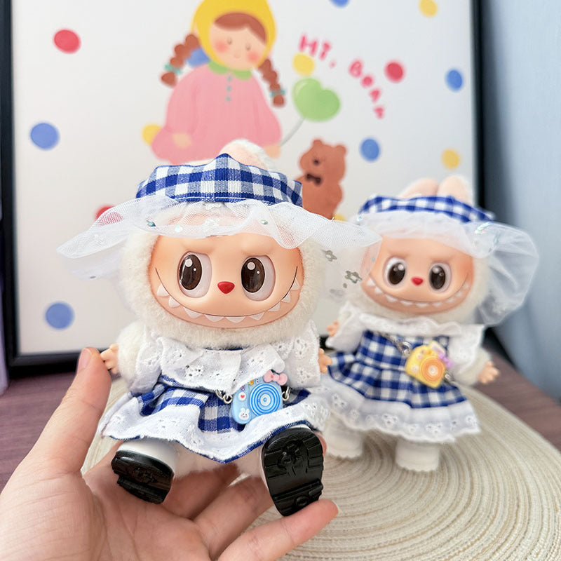 Clothes only] First and second generation Labubu clothes pendant Labubu cloth sitting baby clothes blue grid small pastoral skirt suit women