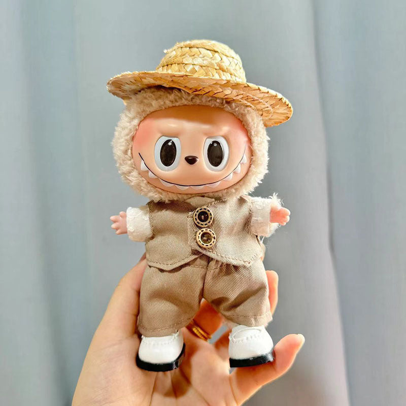 [Clothes only] 17cm Rab cloth pendant labubu keychain baby clothes pendant pastoral khaki four-piece set