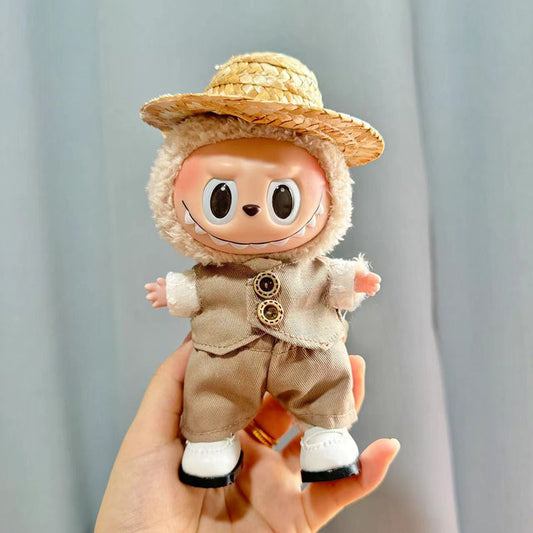 [Clothes only] 17cm Rab cloth pendant labubu keychain baby clothes pendant pastoral khaki four-piece set
