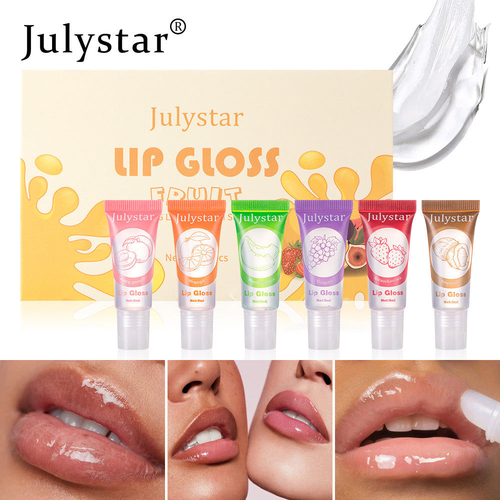 Julystar Vitamin E Moisturizing Fruit Flavor Transparent Lip Oil 6pcs Moisturizing and Hydrating Lip Gloss Set Wholesale