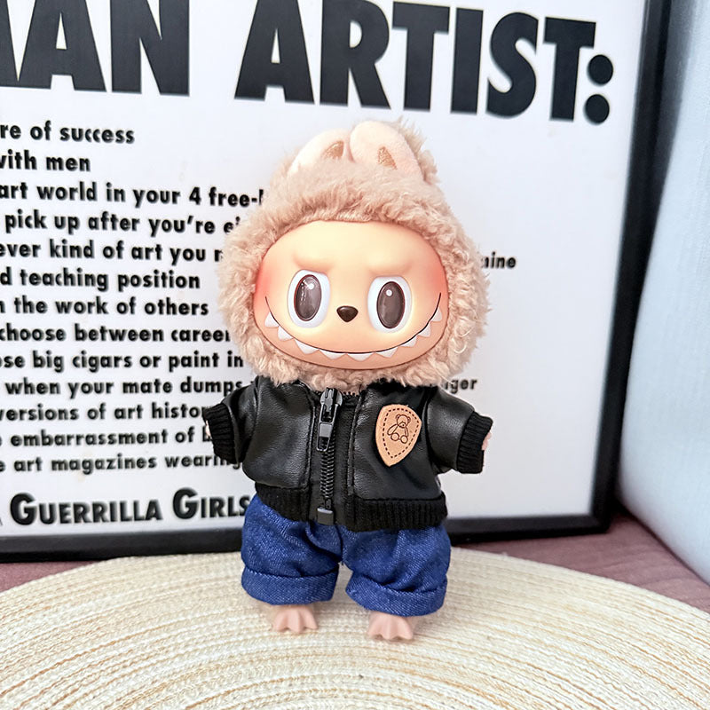[Clothes only] 17cm Labubuwa clothes LABUBU blind box sitting party one two three generation bear brand black leather jacket