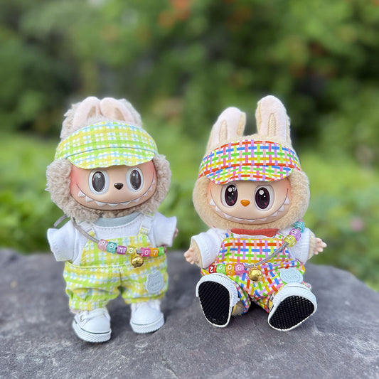 The first, second and third generation keychain Labubu clothes pendant Labubu baby clothes bubble gum color overalls set cute
